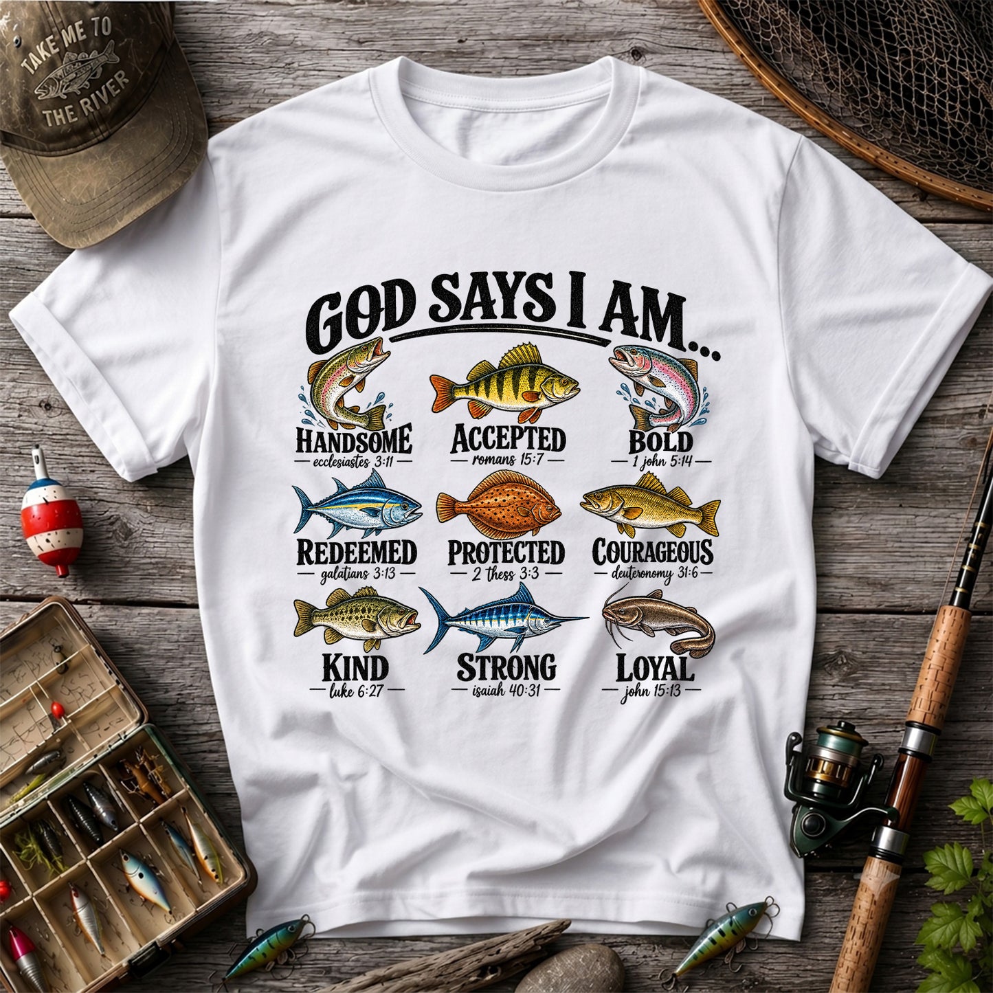God Says I Am Christian Fish and Bible Verse Fishing Graphic T-Shirt