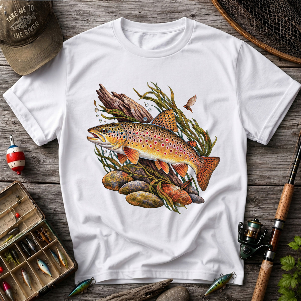 Vintage Brown Trout River Fishing Graphic T-Shirt