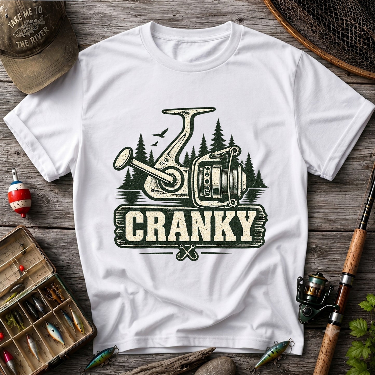 Cranky Vintage Spinning Reel Fishing Graphic T-Shirt