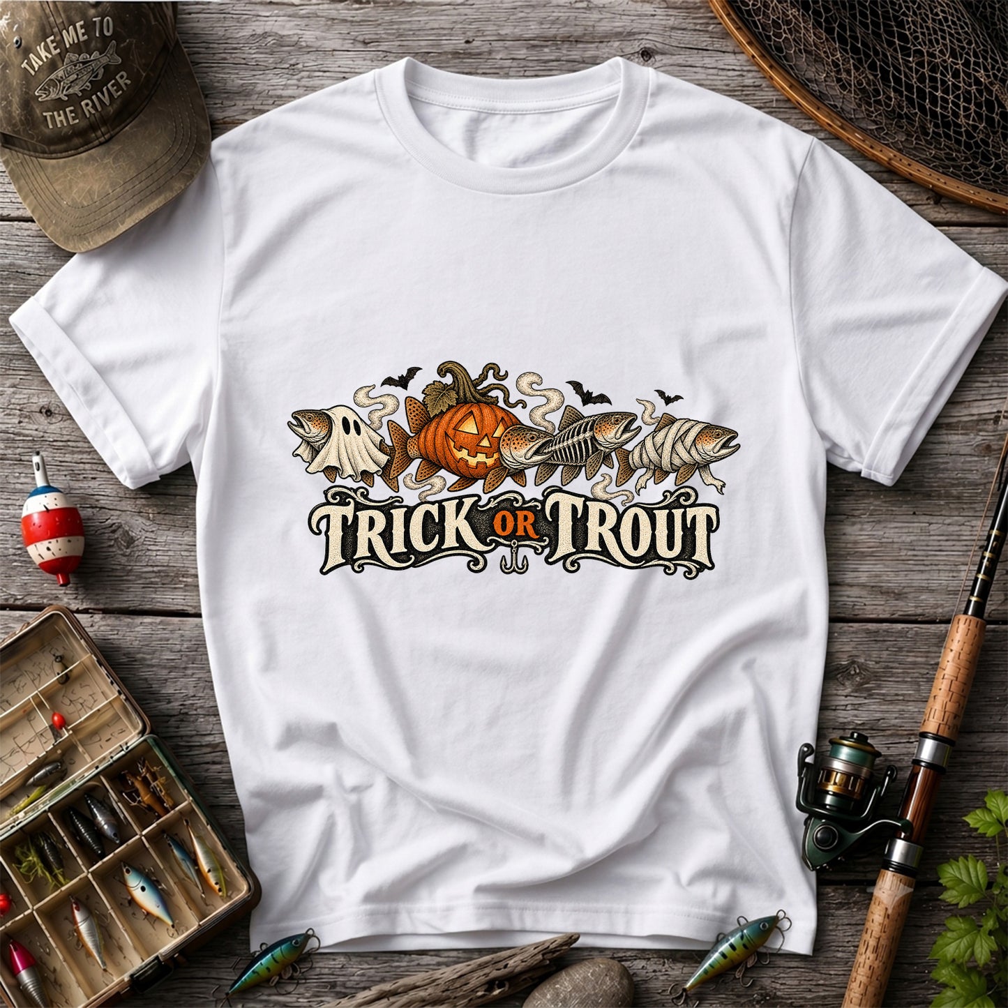 Trick or Trout Halloween Fish Lineup Fishing T-Shirt