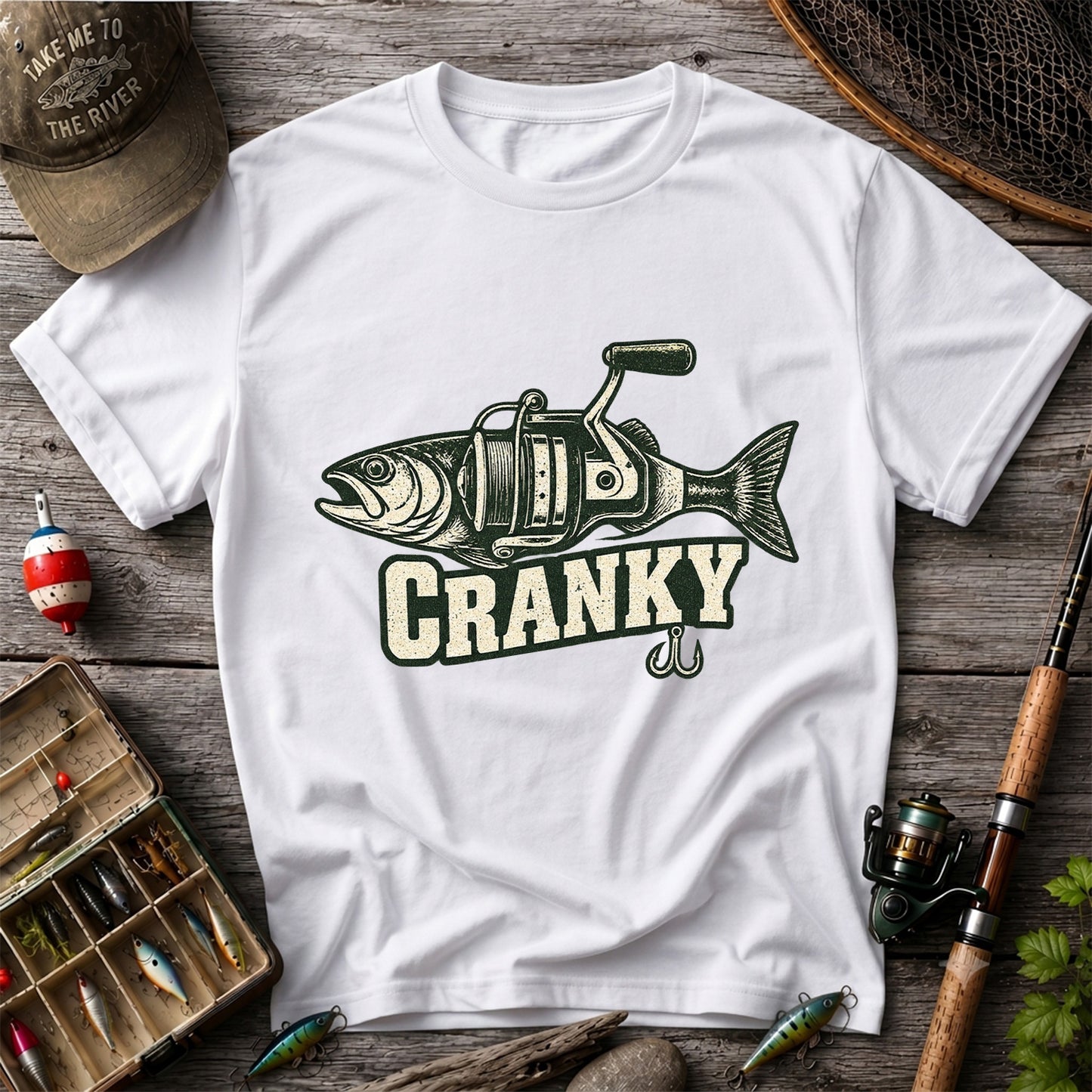 Cranky Fish and Spinning Reel Fishing Graphic T-Shirt