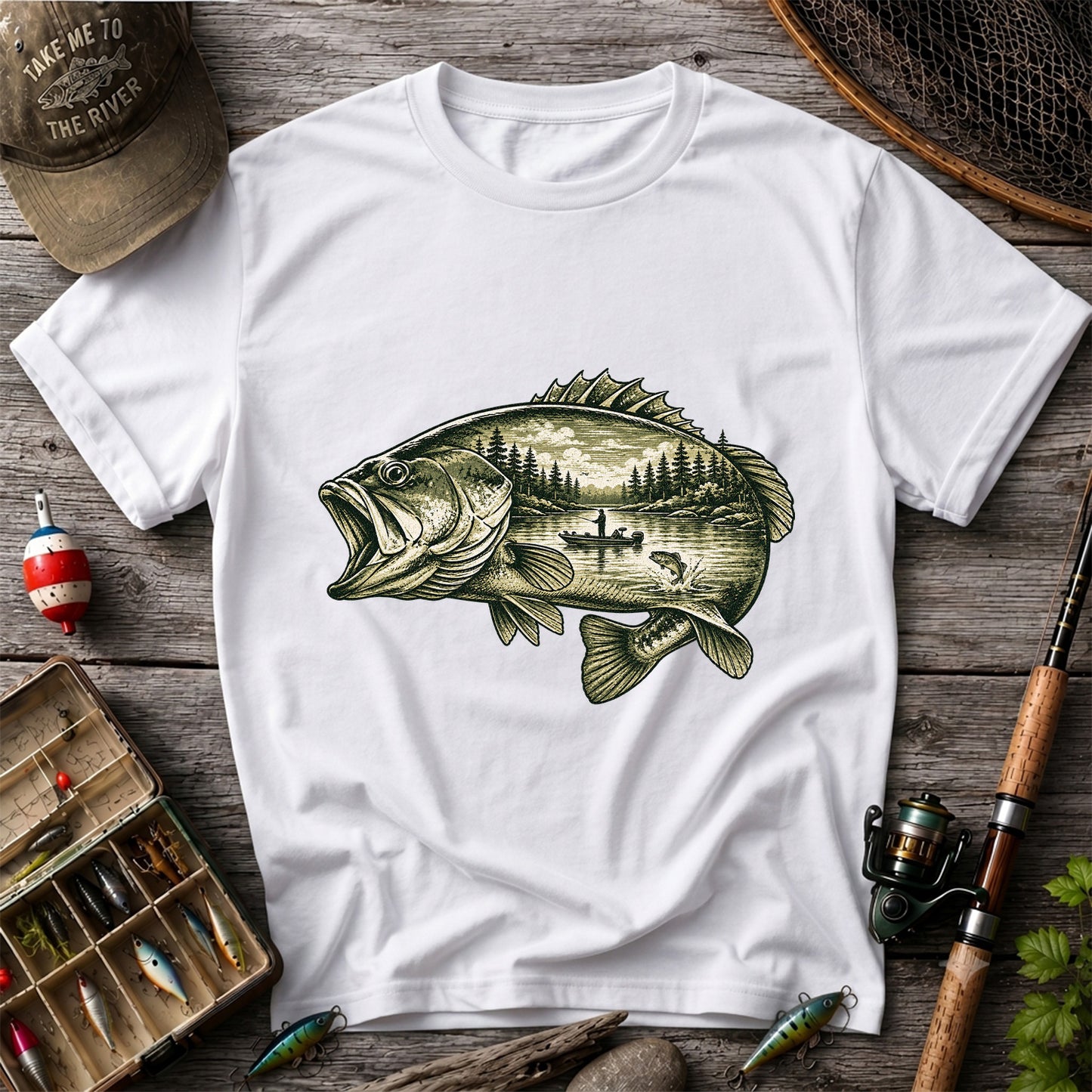 Vintage Bass Lake Fishing Scene Graphic T-Shirt