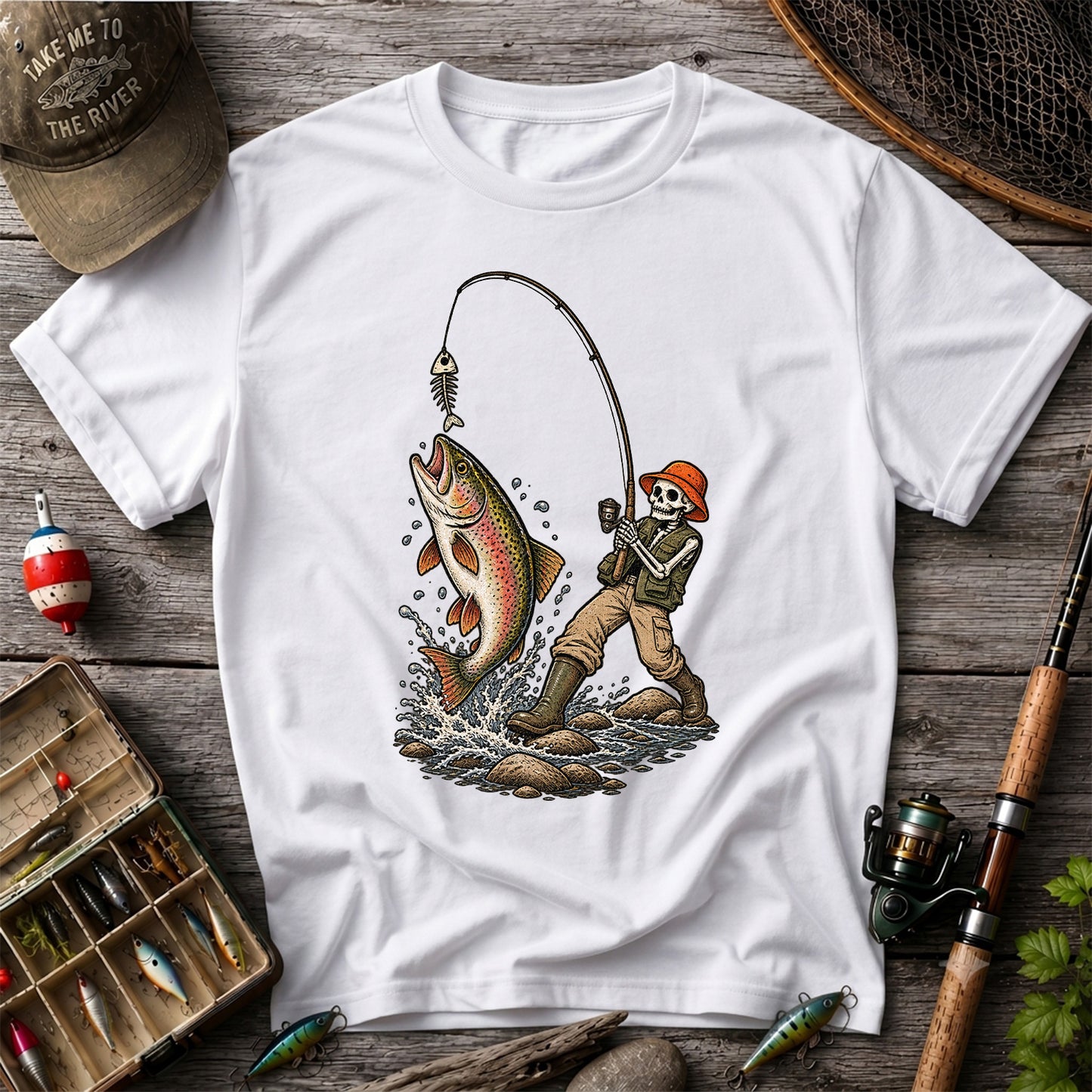 Skeleton Angler Catching Trout Dark Humor Fishing T-Shirt