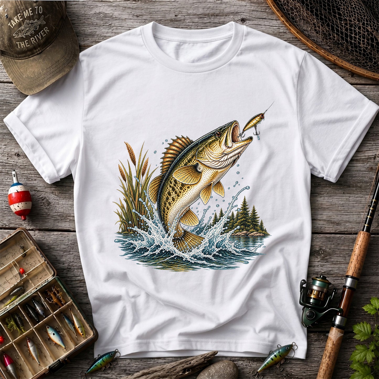 Jumping Bass Chasing a Lure Lake Fishing Graphic T-Shirt