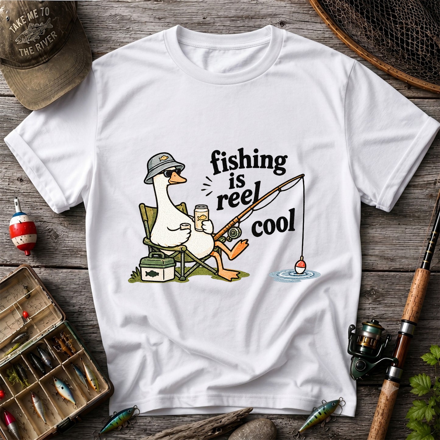 Fishing Is Reel Cool Funny Fishing Goose Graphic T-Shirt
