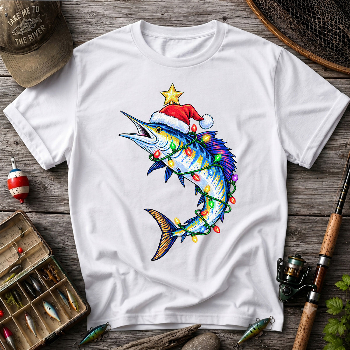 Christmas Marlin Wrapped in Lights Fishing T-Shirt