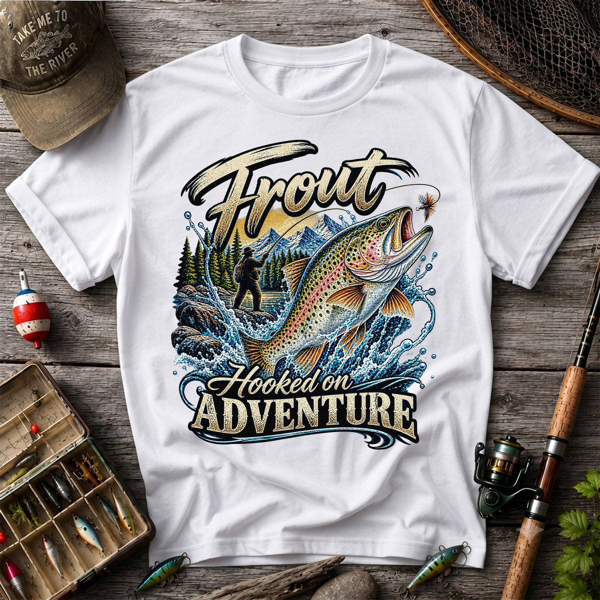 Trout Hooked on Adventure Mountain Fly Fishing T-Shirt