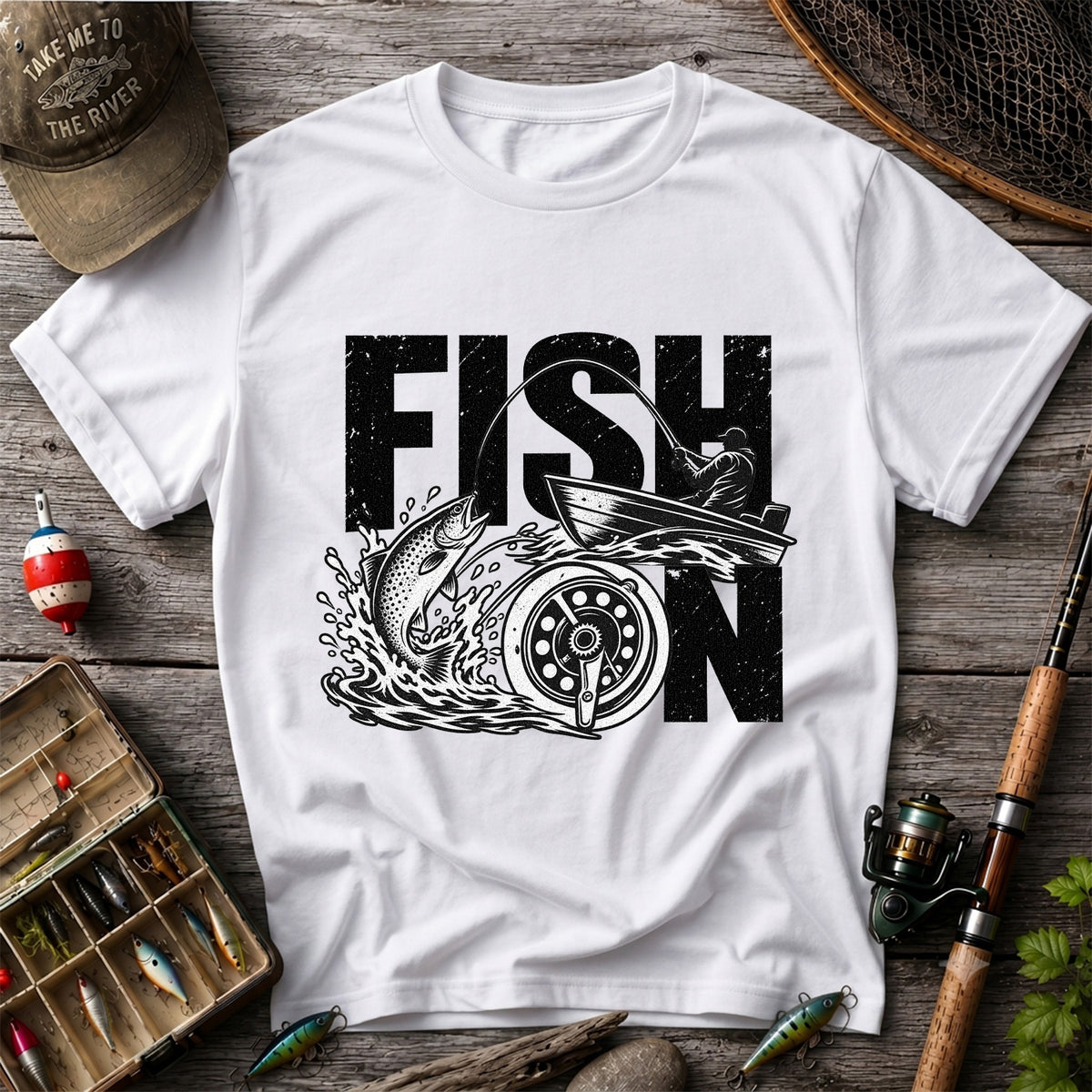 Fish On Jumping Trout and Fishing Boat Graphic T-Shirt
