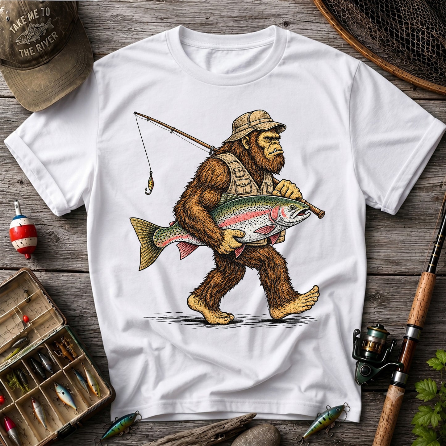 Bigfoot Holding Rainbow Trout Vintage Fishing Graphic T-Shirt
