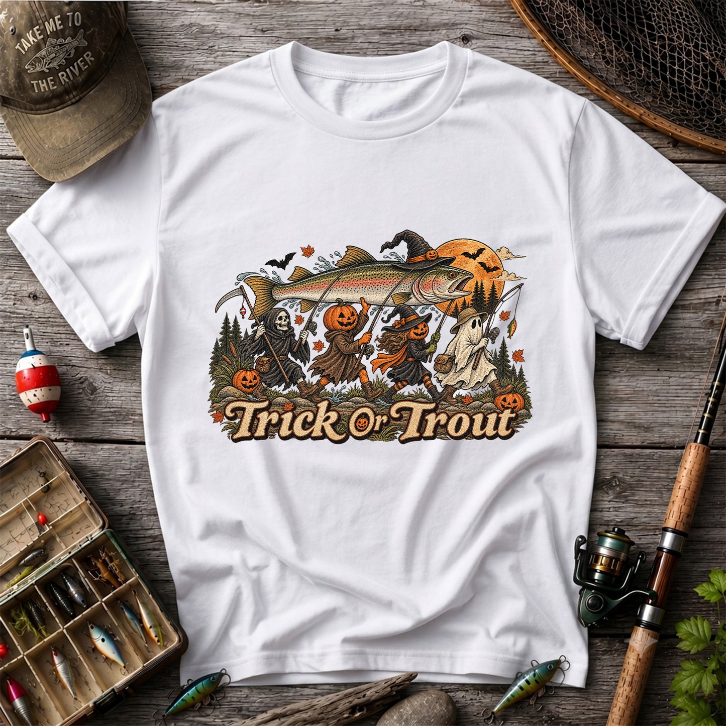 Trick or Trout Spooky Angler Parade Halloween Fishing T-Shirt
