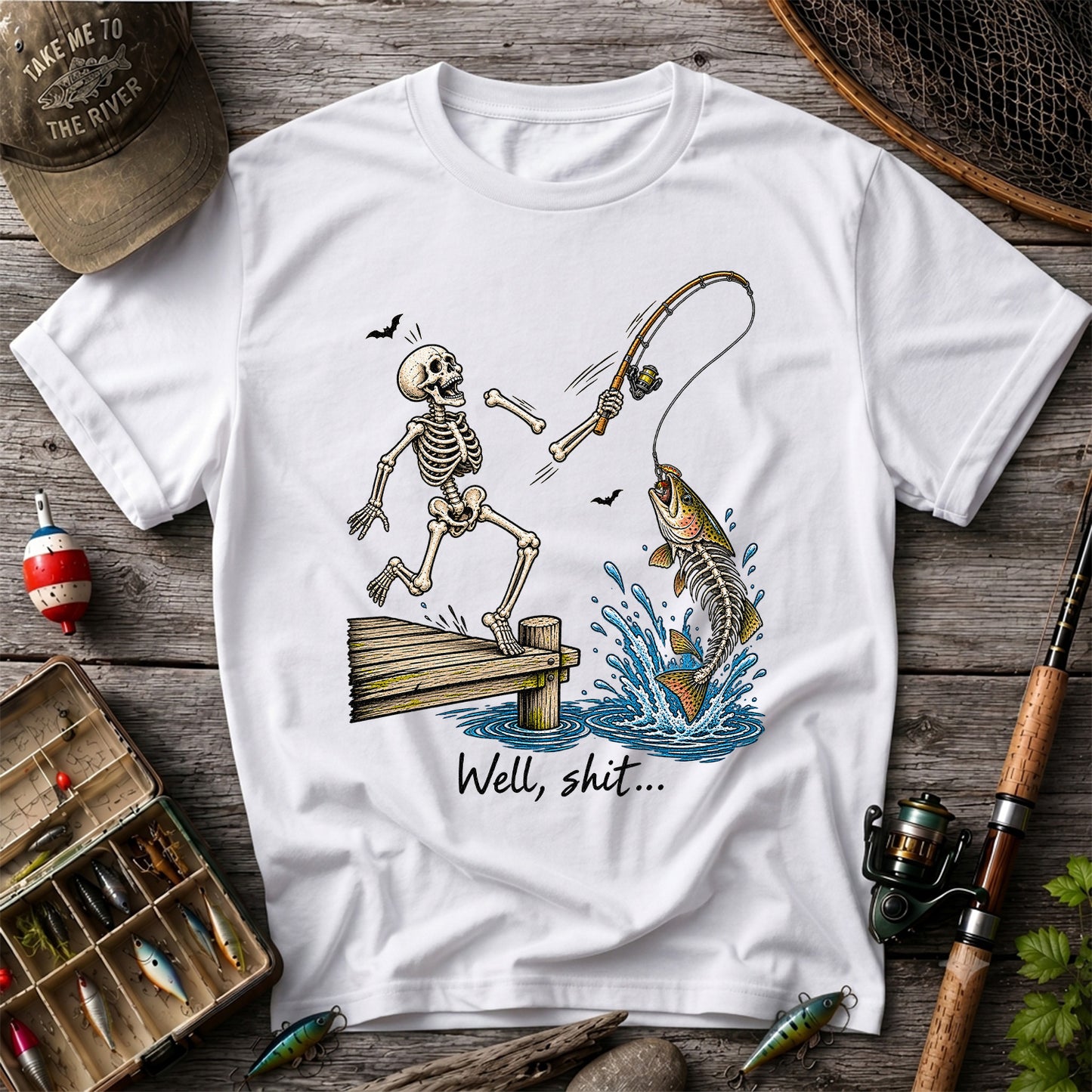 Well, Shit Skeleton Fishing Funny Graphic T-Shirt