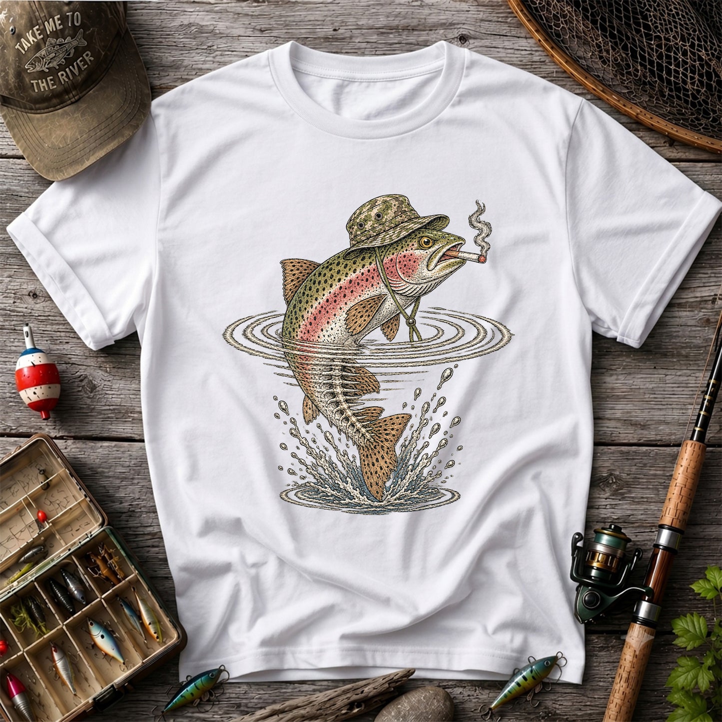 Cigar Smoking Trout in Fishing Hat Graphic T-Shirt