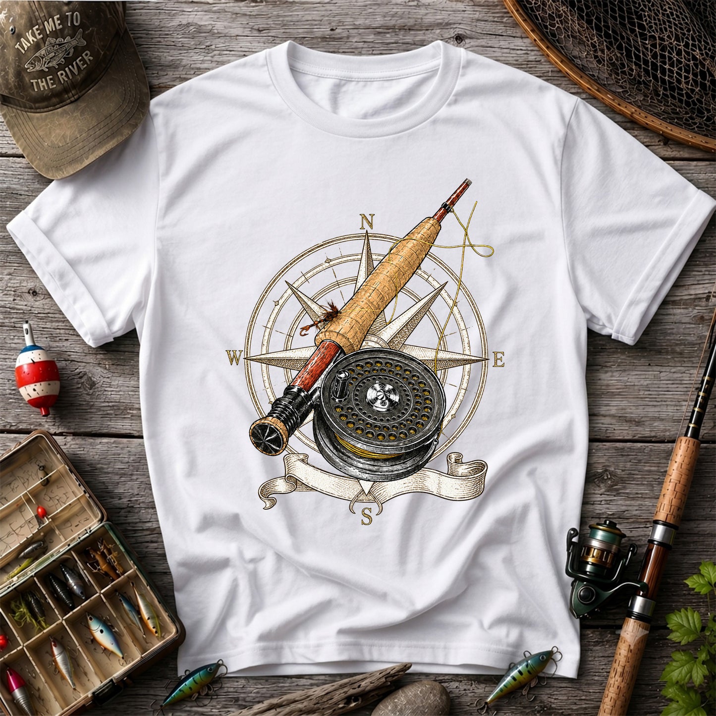 Vintage Fly Fishing Rod Reel and Compass Graphic T-Shirt
