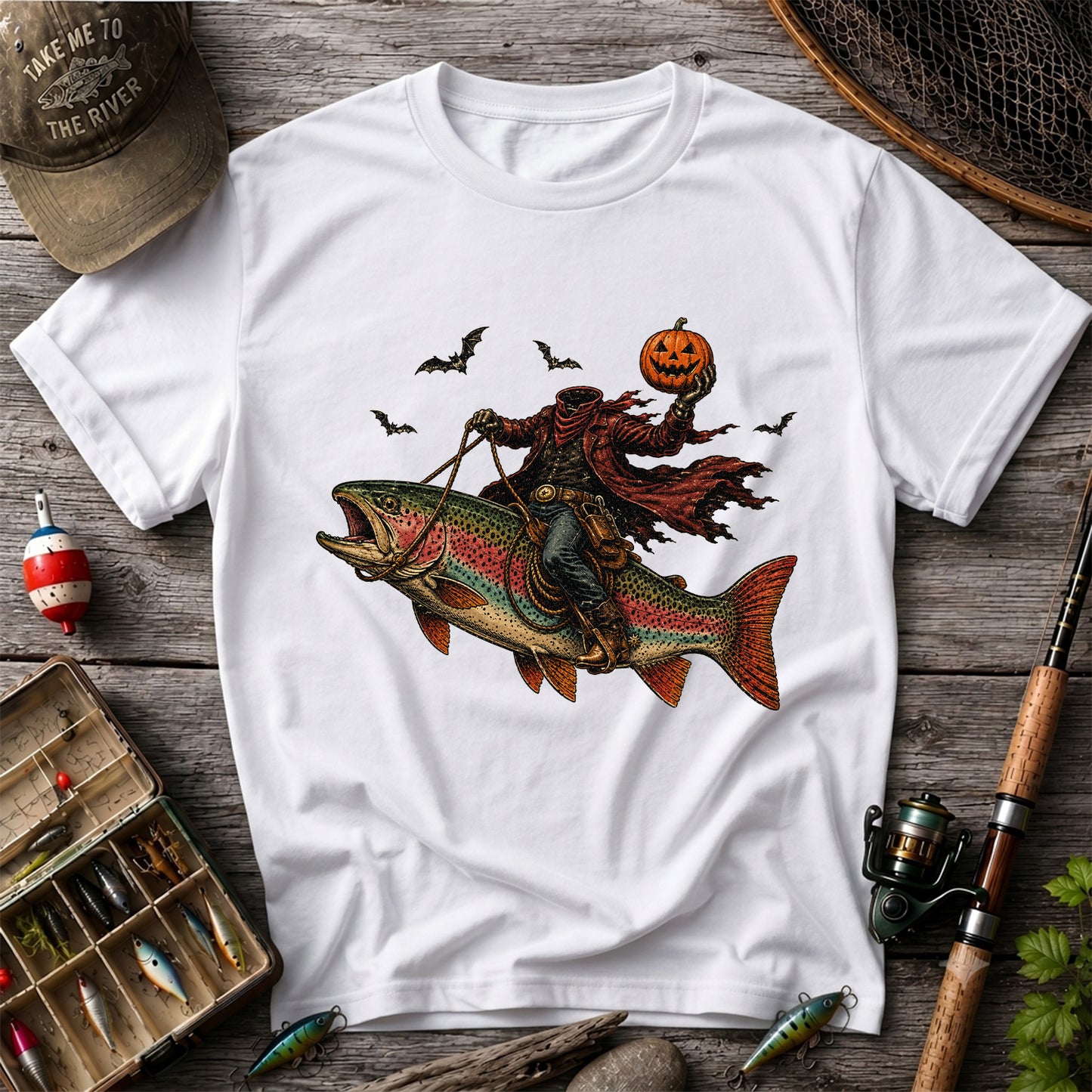 Halloween Cowboy Trout Fishing T-Shirt Pumpkin Fishing Tee