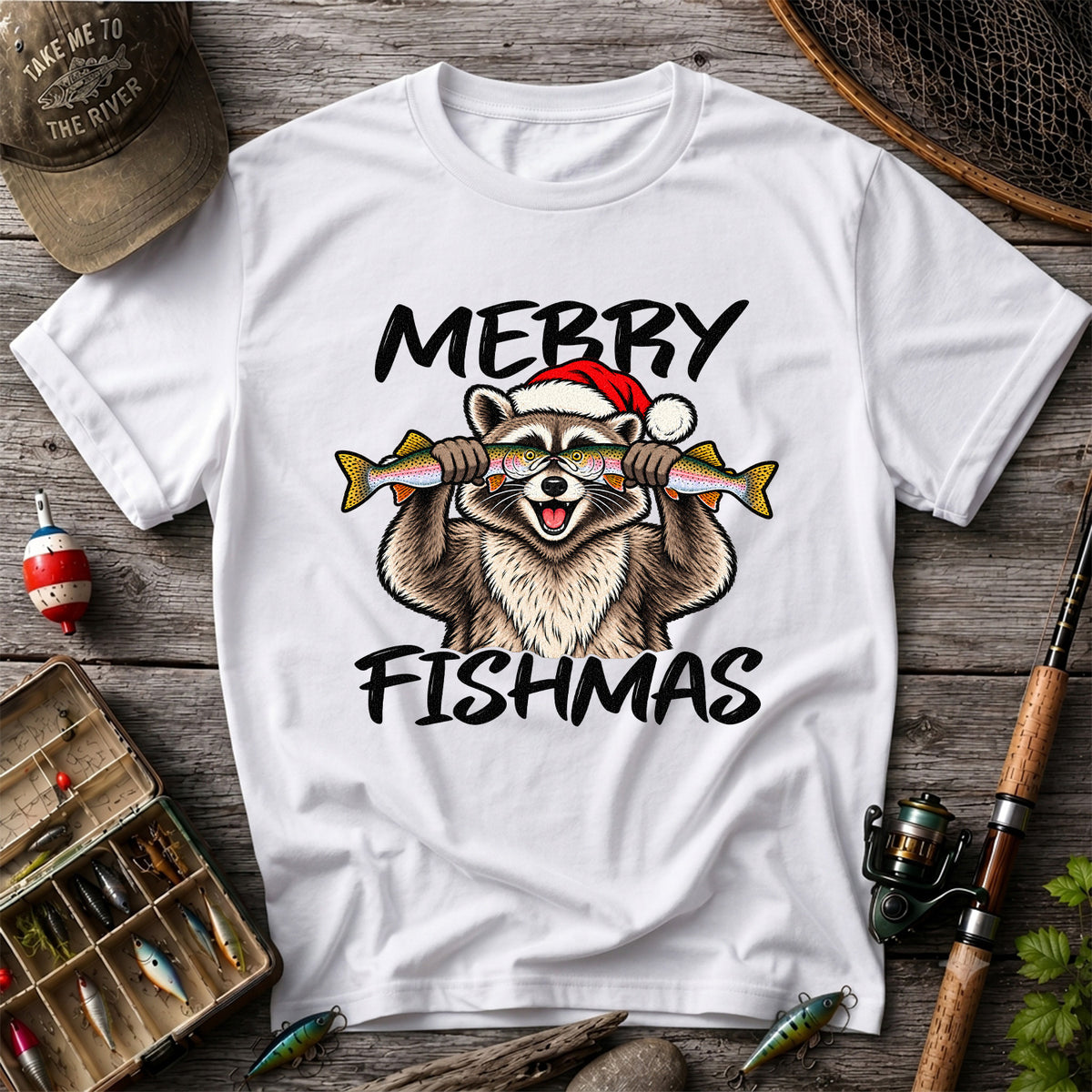 Merry Fishmas Raccoon Rainbow Trout Christmas Fishing T-Shirt