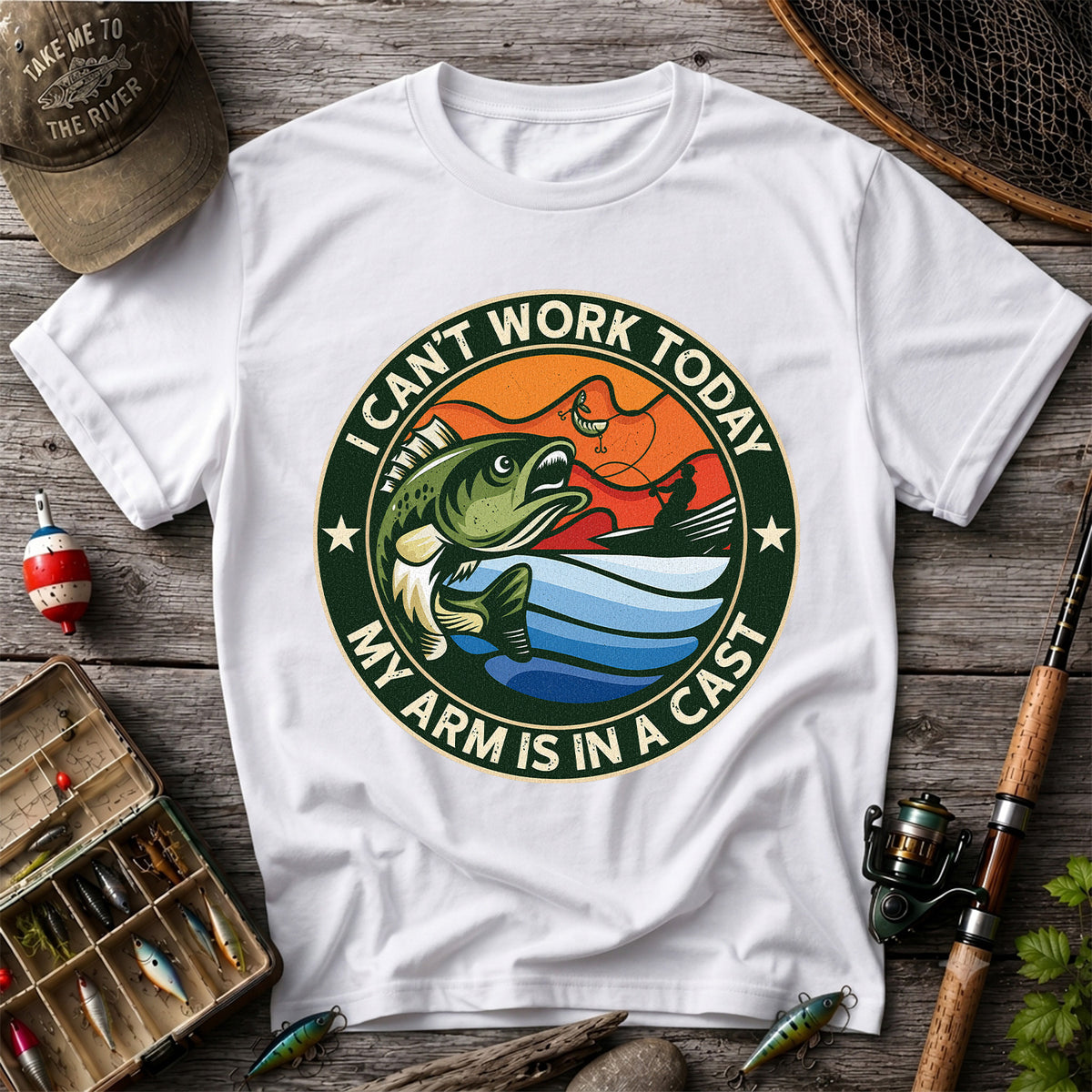 I Can't Work Today My Arm Is in a Cast Bass Fishing T-Shirt