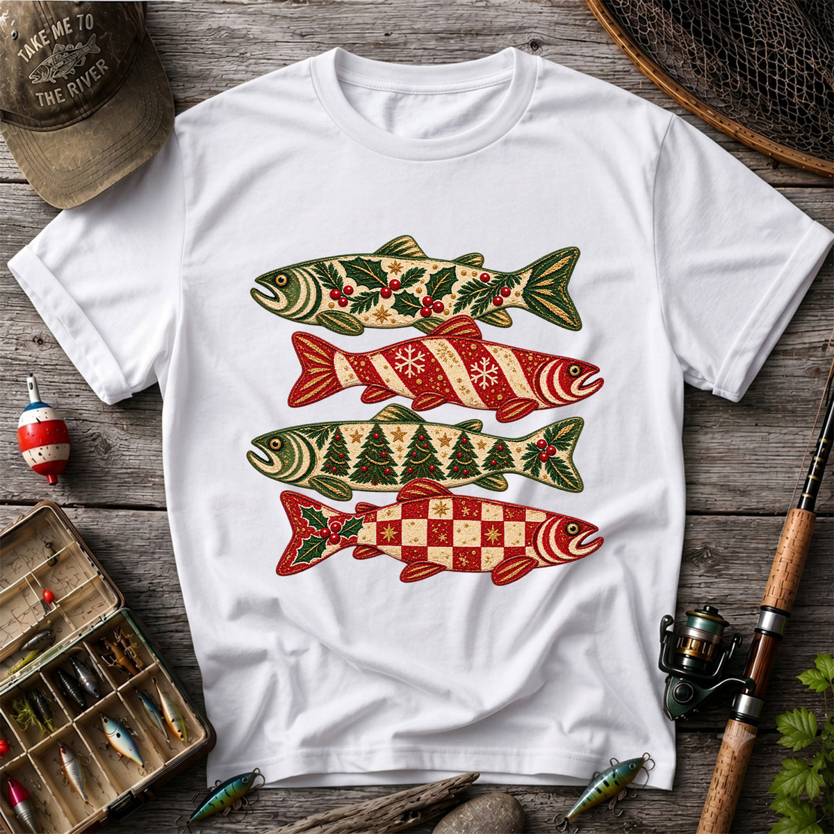 Christmas Trout Holiday Pattern Fishing Graphic T-Shirt