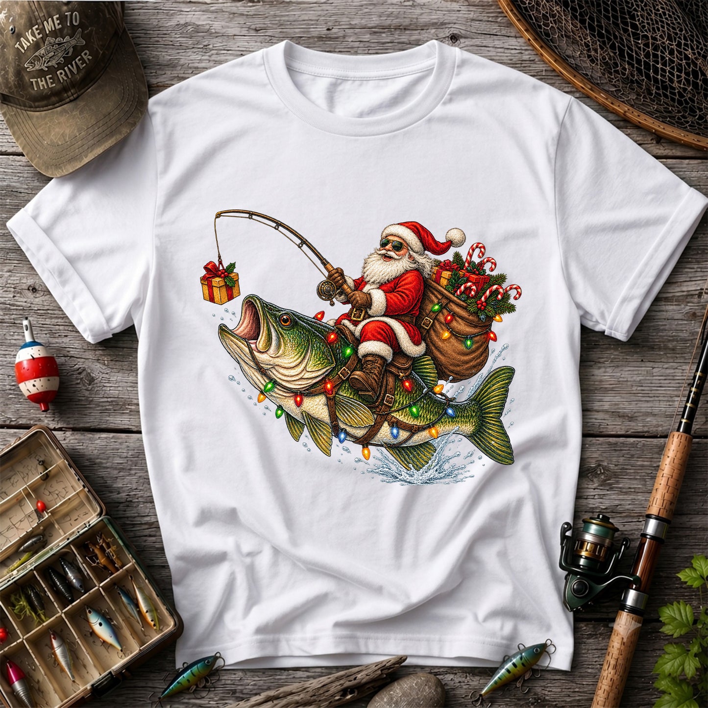 Santa Riding a Largemouth Bass Christmas Fishing Graphic T-Shirt