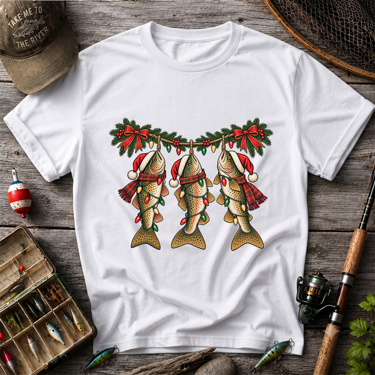Festive Trout String Lights Christmas Fishing T-Shirt