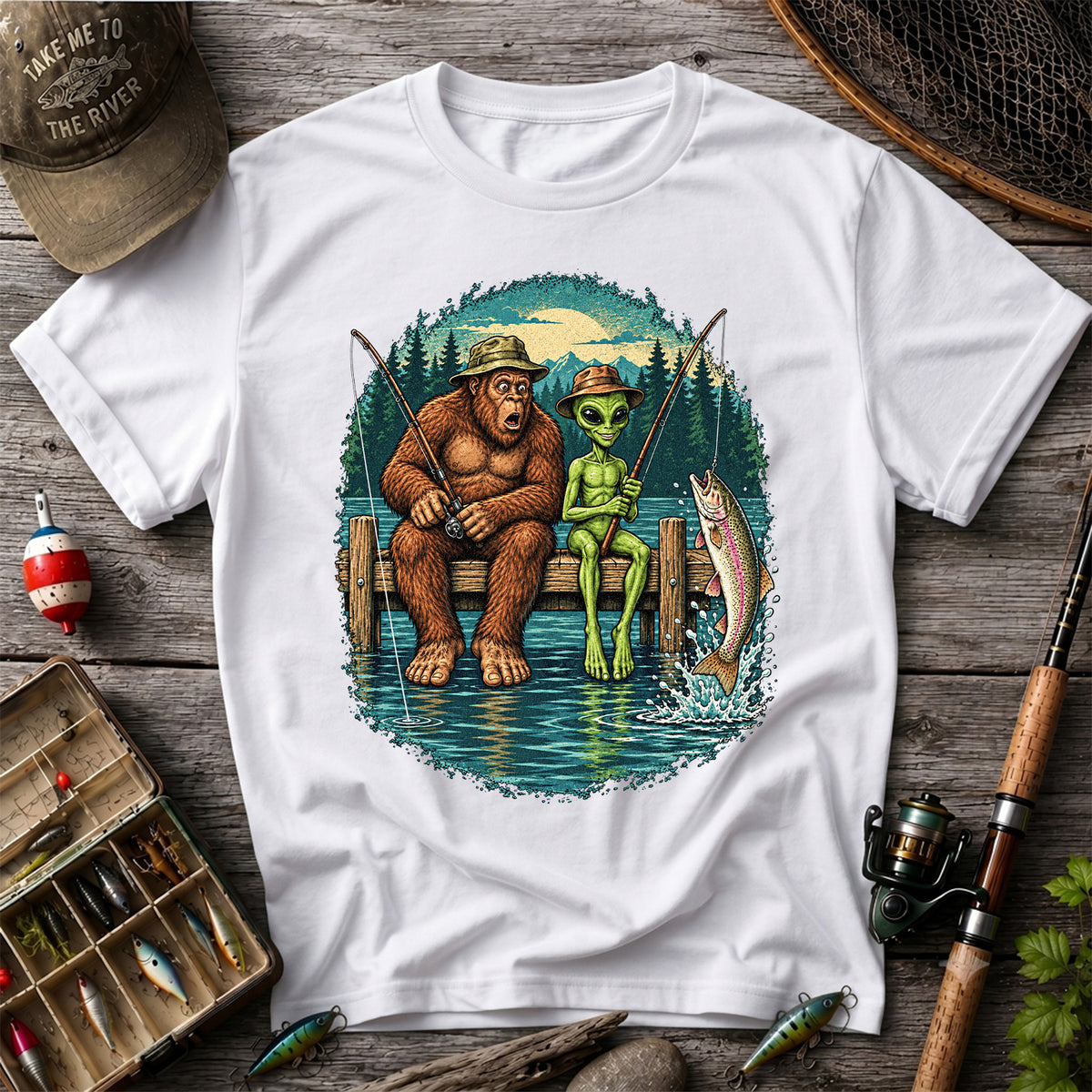 Bigfoot and Alien Fishing on a Dock with Rainbow Trout Graphic T-Shirt