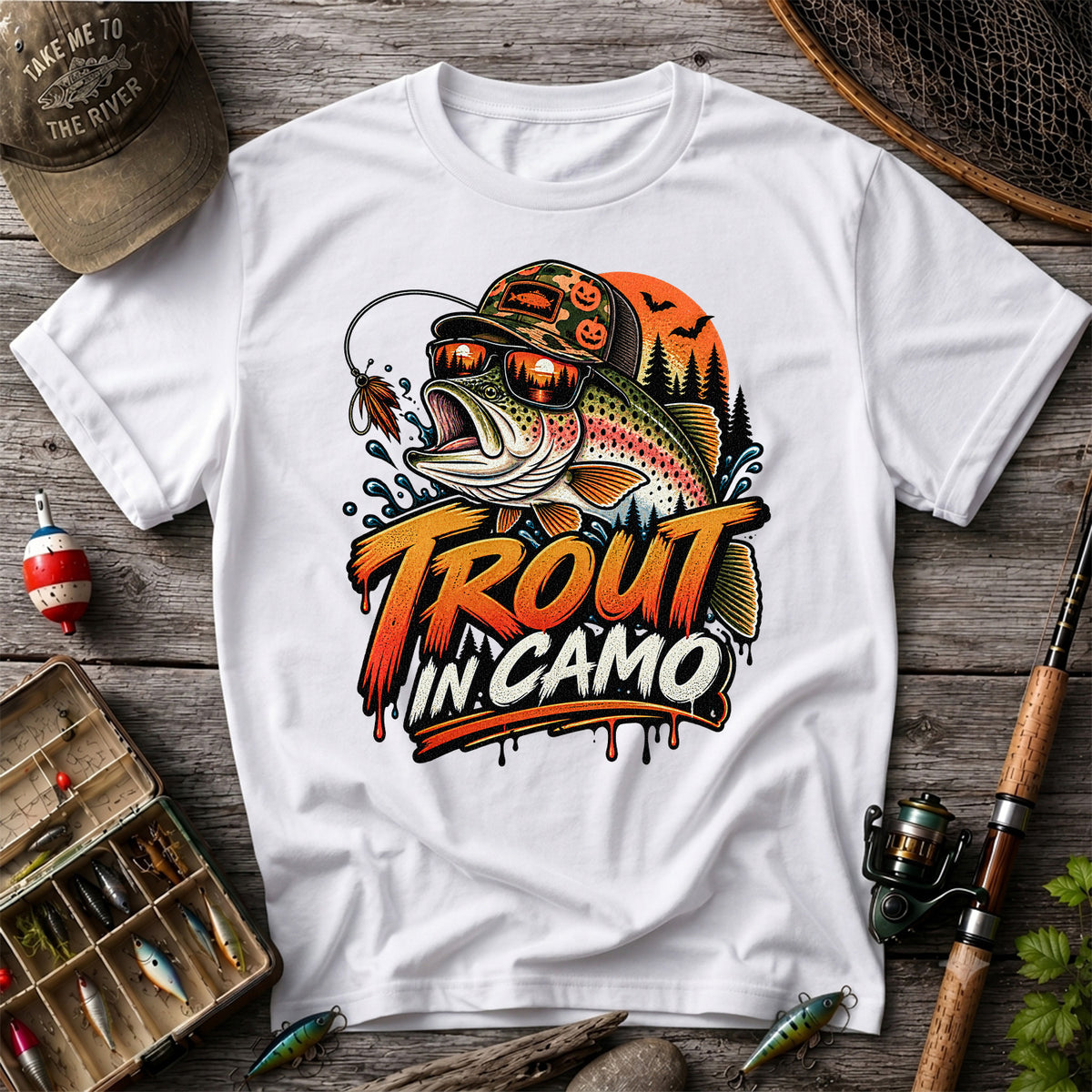 Trout in Camo Halloween Rainbow Trout Fishing Graphic T-Shirt