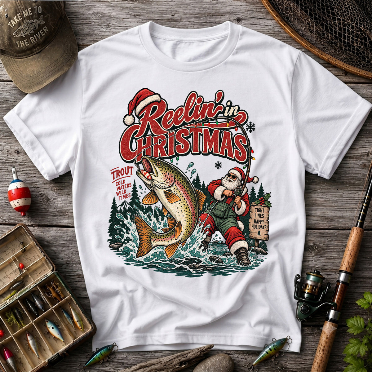 Reelin' in Christmas Santa and Rainbow Trout Fishing T-Shirt