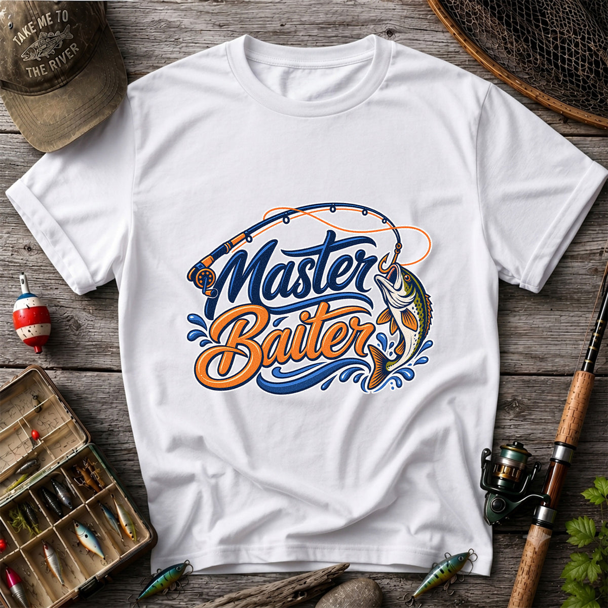 Master Baiter Funny Fishing Rod and Jumping Fish T-Shirt
