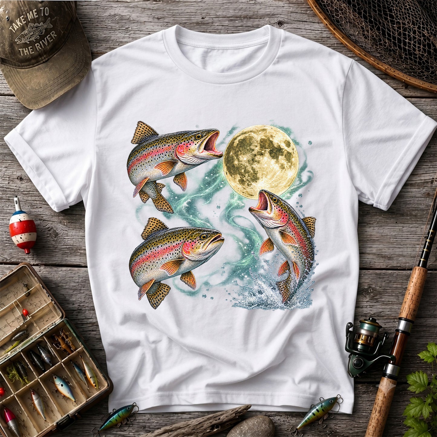 Rainbow Trout Under the Full Moon Fishing Graphic T-Shirt
