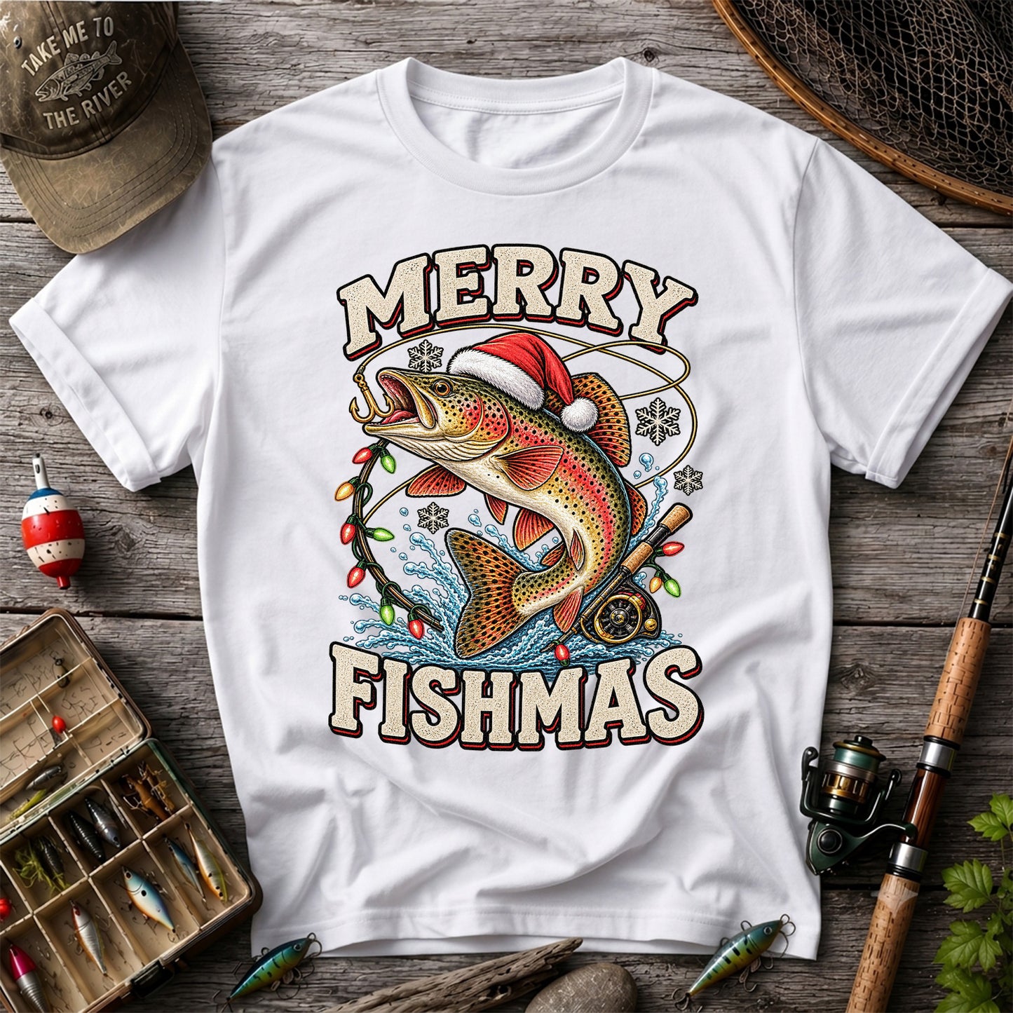 Merry Fishmas Santa Hat Rainbow Trout Fishing T-Shirt