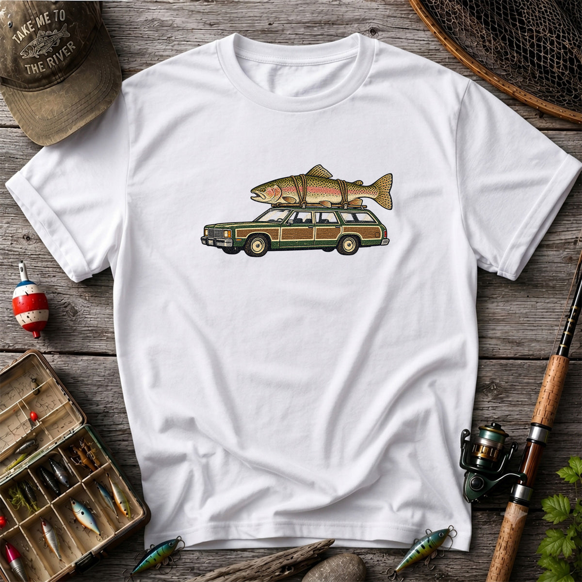 Vintage Station Wagon Carrying Rainbow Trout Fishing T-Shirt