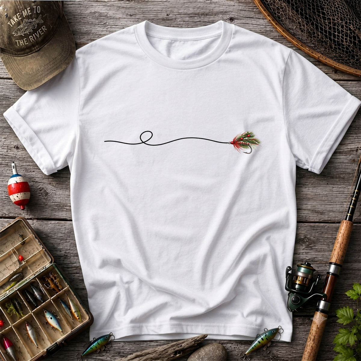 Festive Fly Fishing Lure and Line Graphic T-Shirt