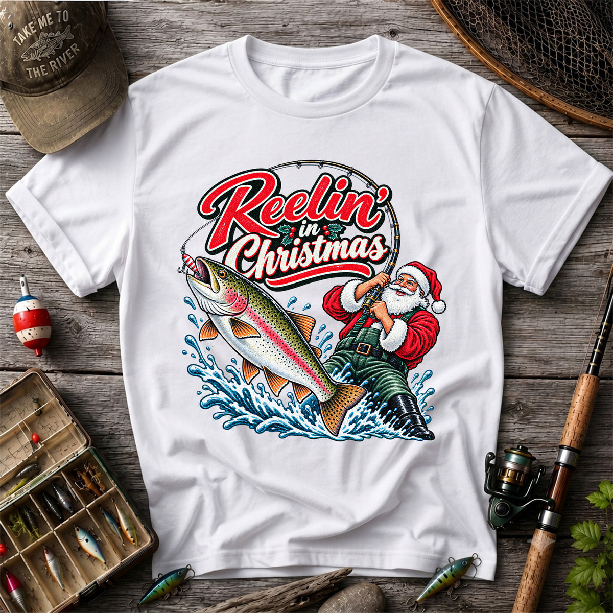 Reelin' in Christmas Santa Rainbow Trout Fishing T-Shirt