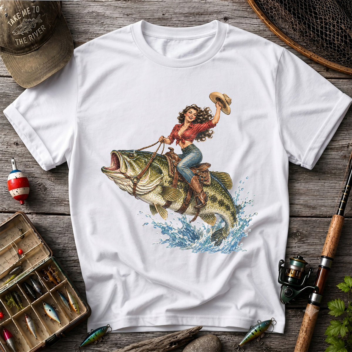 Vintage Cowgirl Riding a Largemouth Bass Fishing Graphic T-Shirt