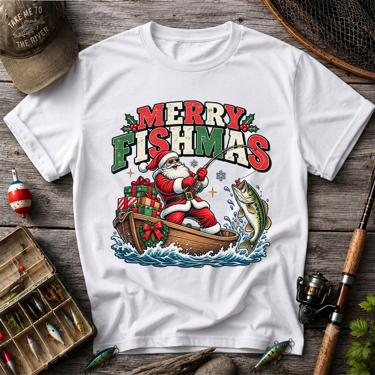 Merry Fishmas Santa Fishing for Bass Christmas Graphic T-Shirt