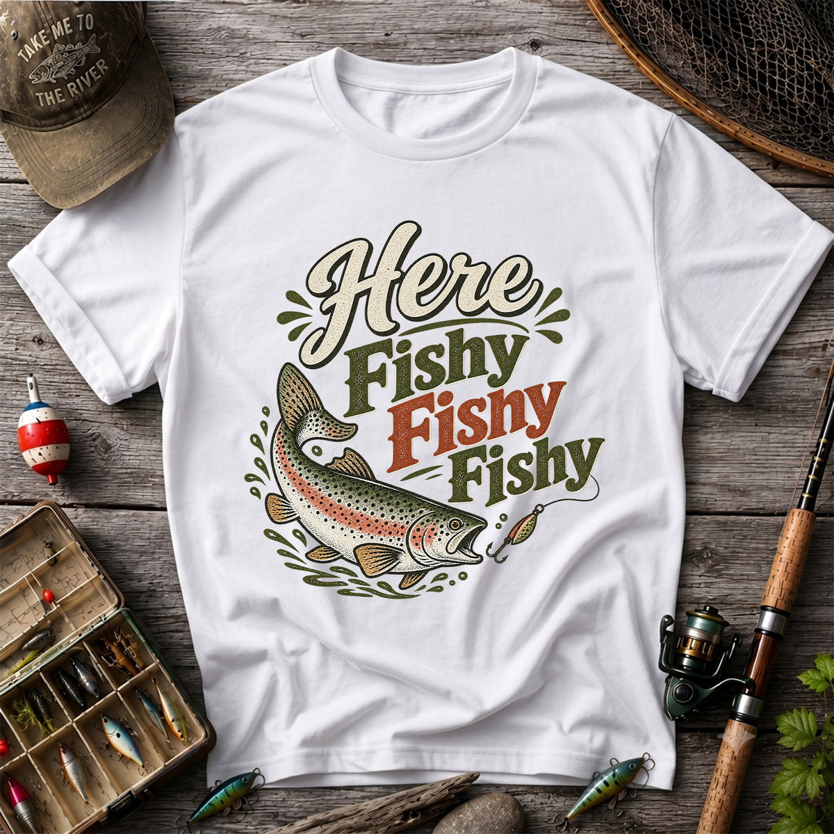 Here Fishy Fishy Rainbow Trout Fishing T-Shirt