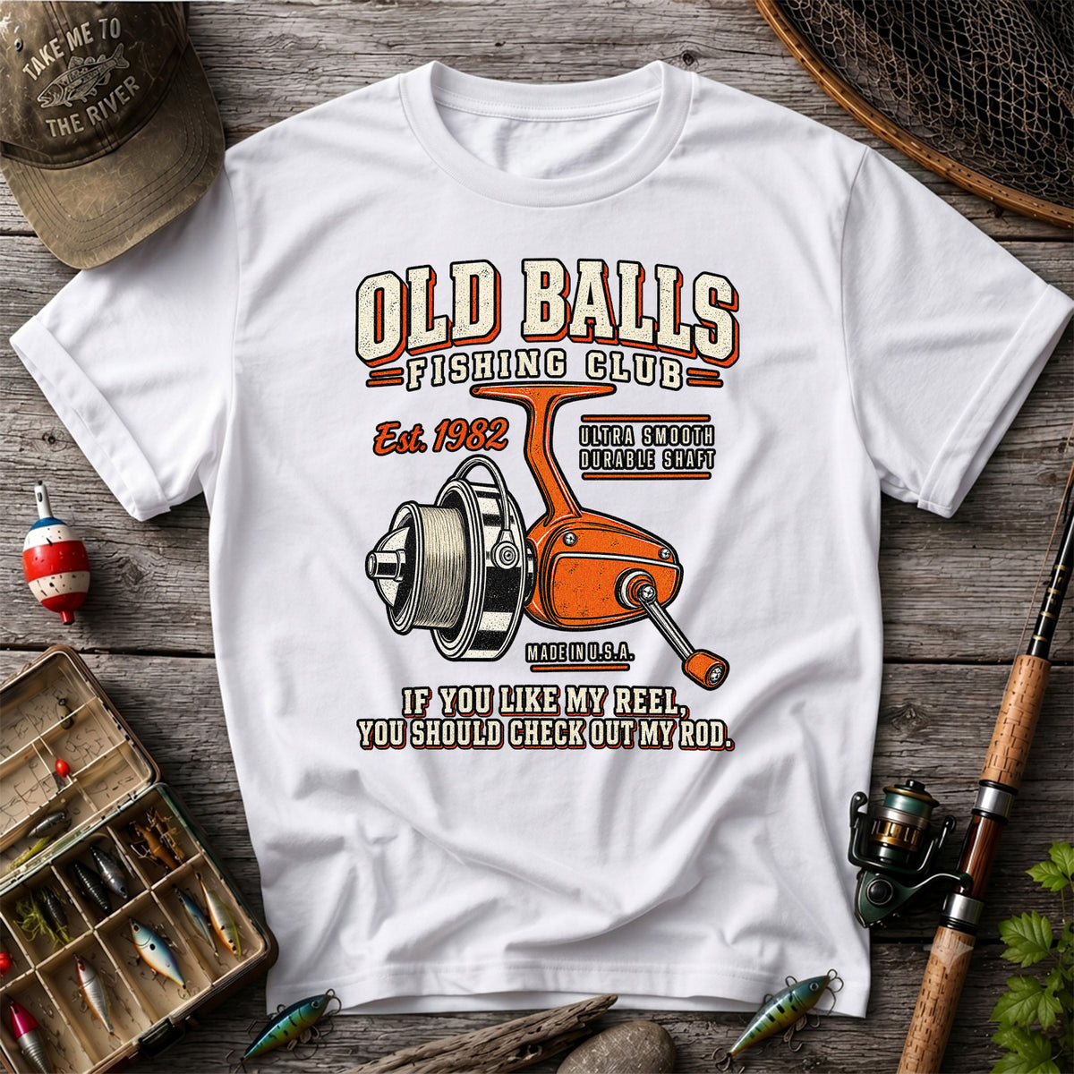 Old Balls Fishing Club Vintage Spinning Reel Graphic T-Shirt