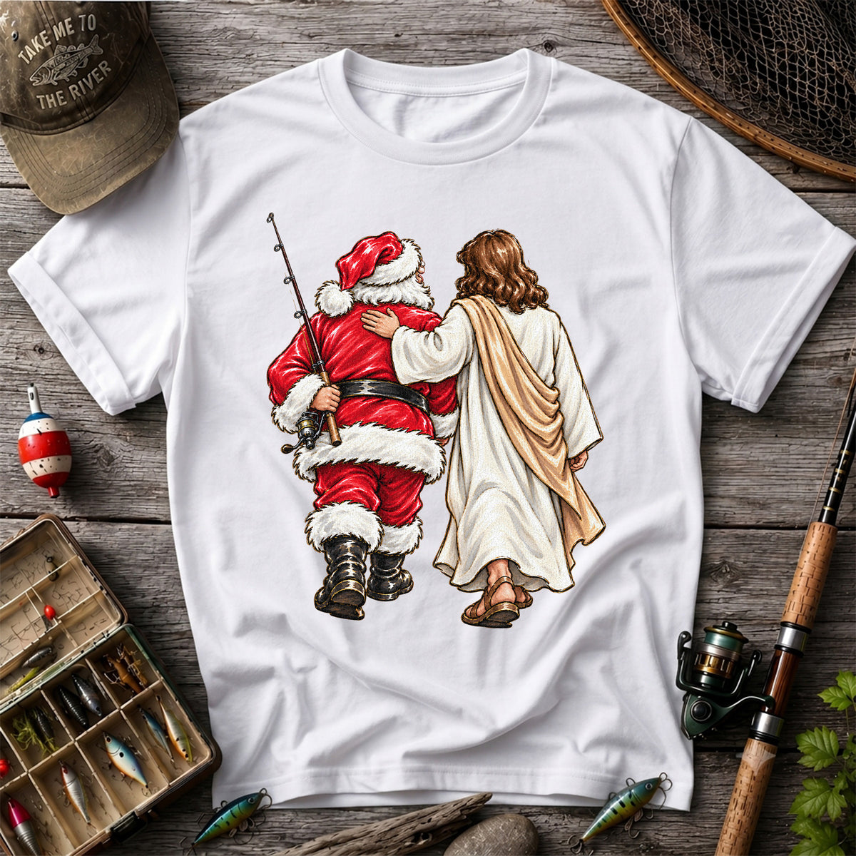 Santa and Robed Companion Fishing Graphic T-Shirt