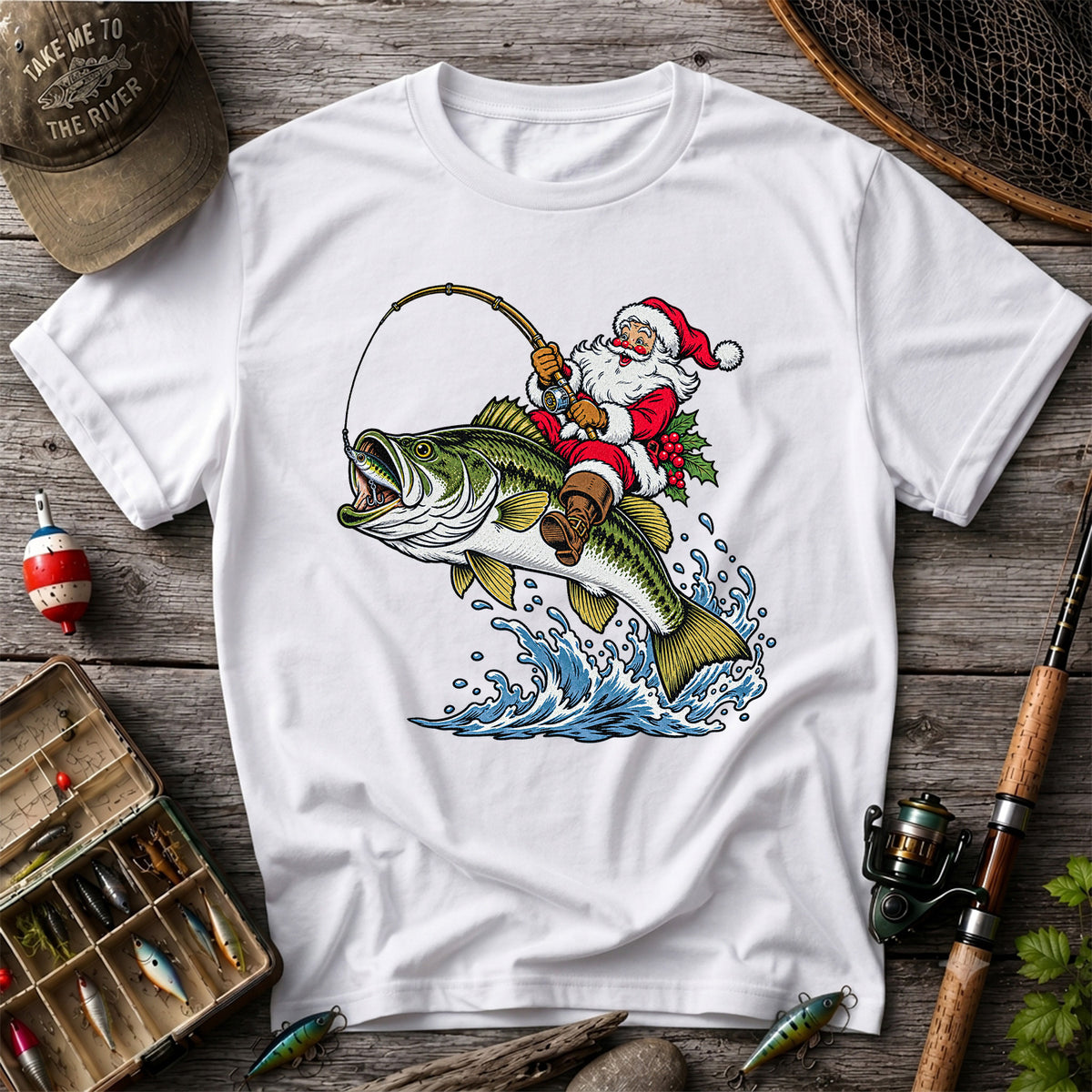 Santa Claus Riding a Bass Christmas Fishing Graphic T-Shirt