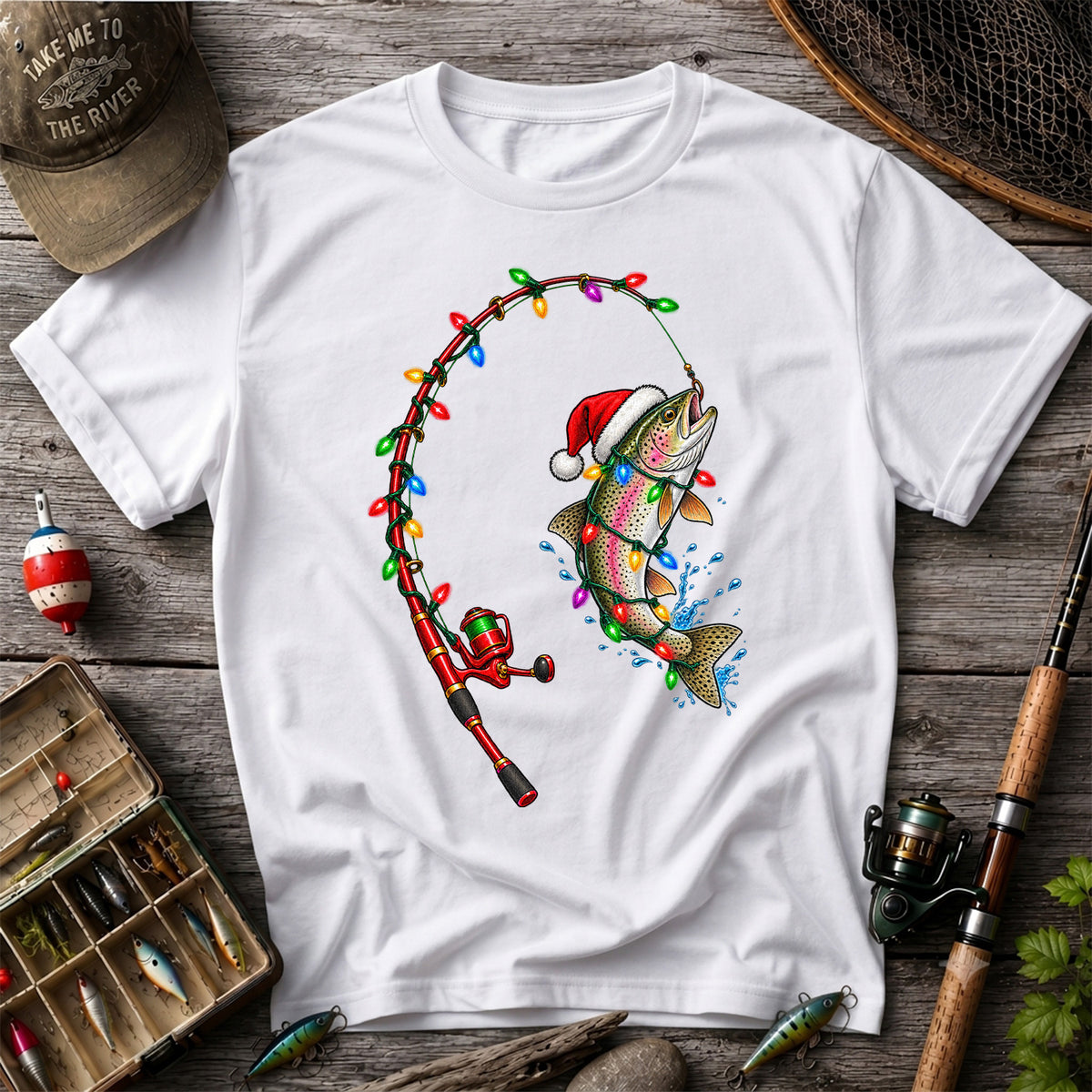 Christmas Rainbow Trout with Santa Hat and Lights Fishing T-Shirt