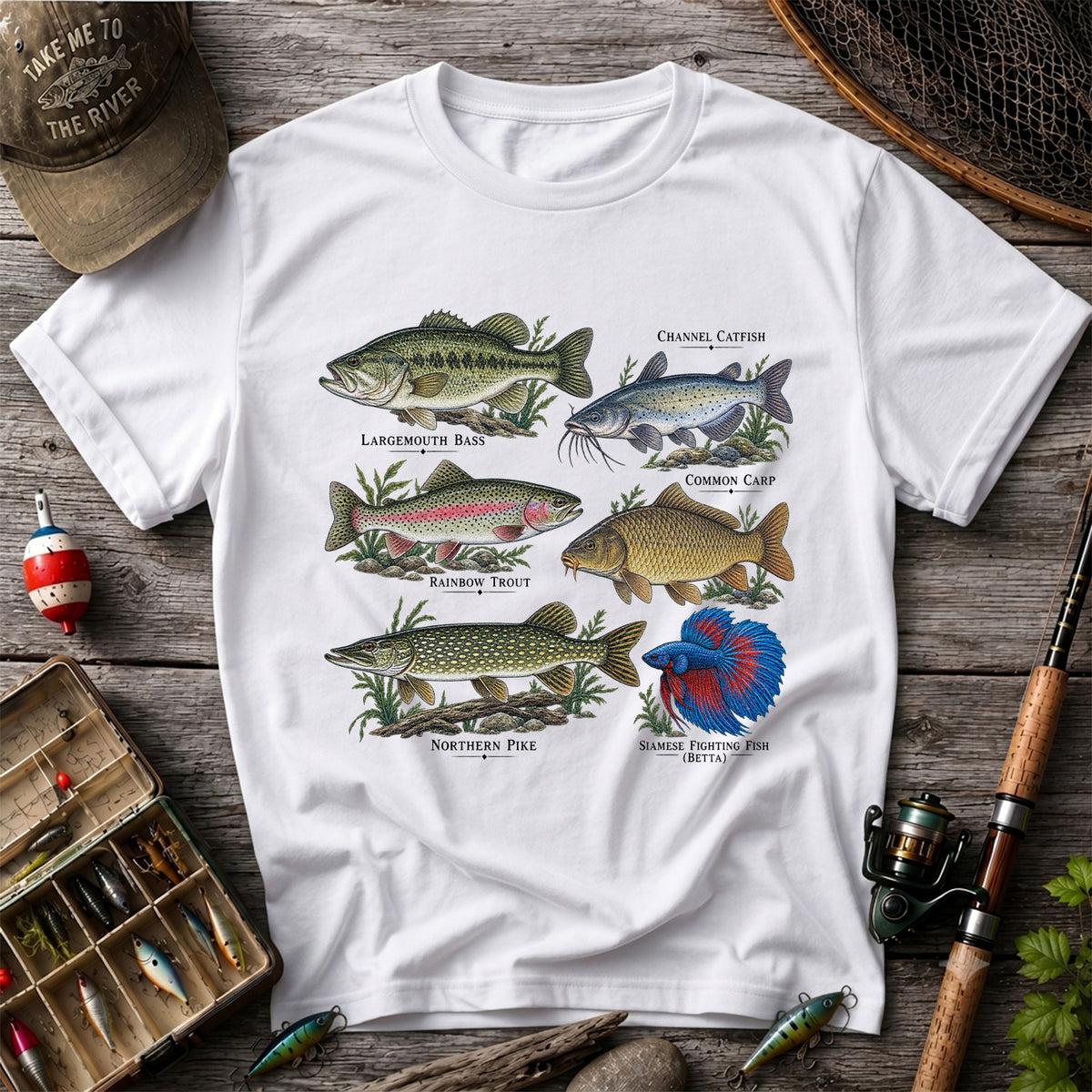 Bass Trout Catfish Carp Pike and Betta Freshwater Fish Graphic T-Shirt