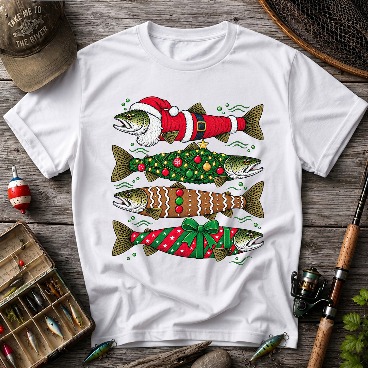 Christmas Trout Santa Tree and Gift Wrap Fishing T-Shirt