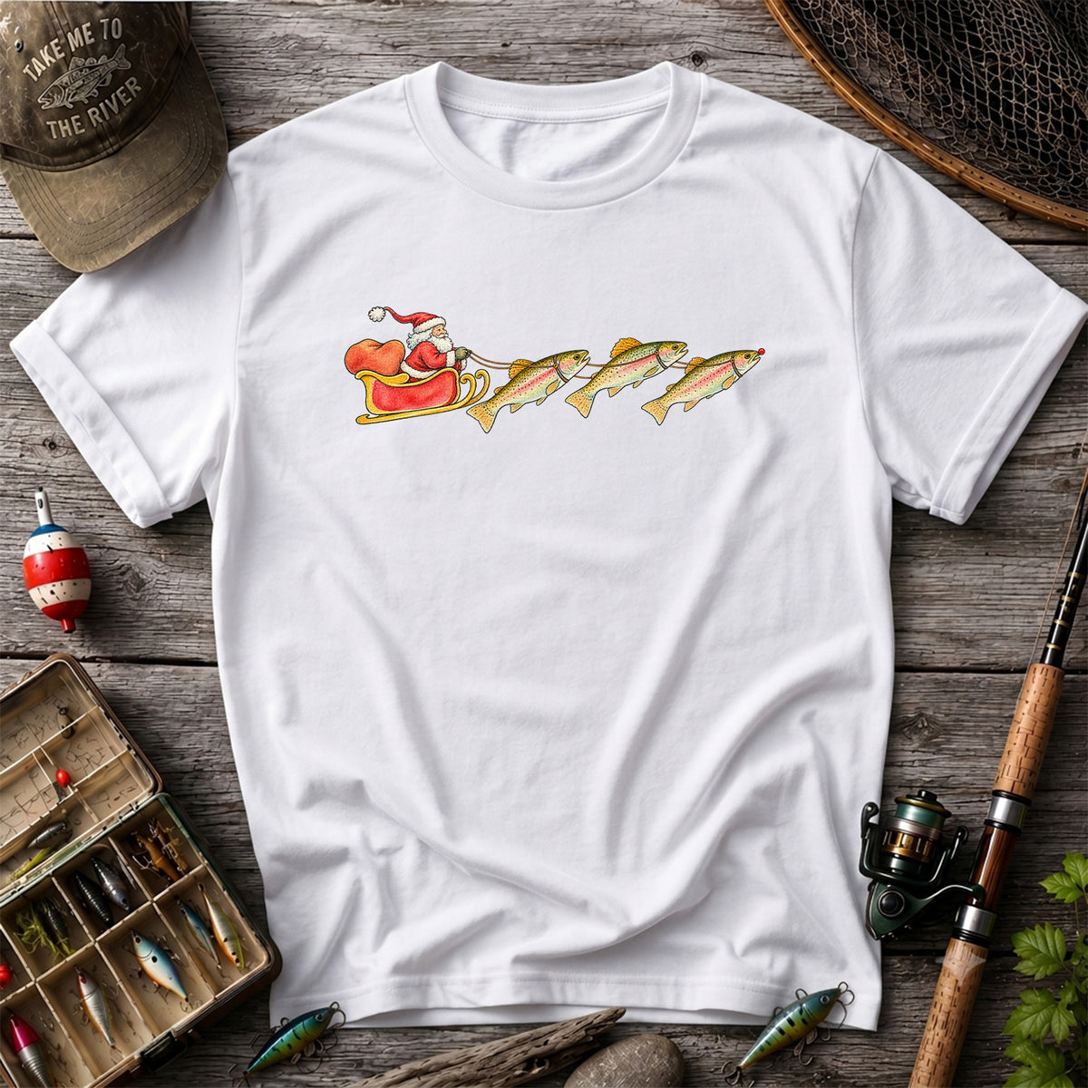 Santa Sleigh Pulling Rainbow Trout Fishing Graphic T-Shirt