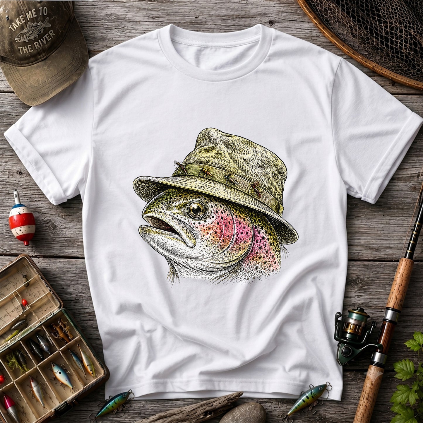 Rainbow Trout Wearing Fishing Hat Graphic T-Shirt