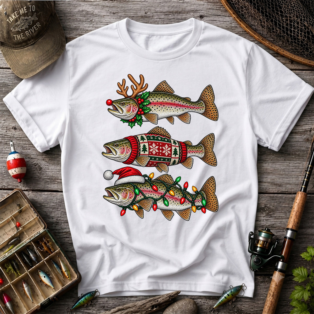 Christmas Trout Antlers Sweater and Lights Fishing T-Shirt