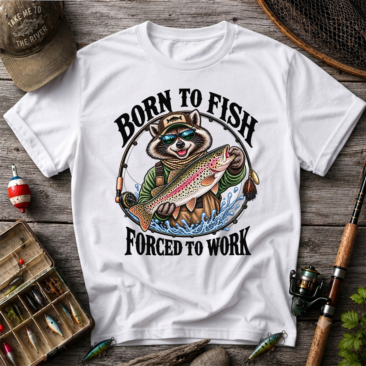 Born to Fish Forced to Work Raccoon Rainbow Trout T-Shirt