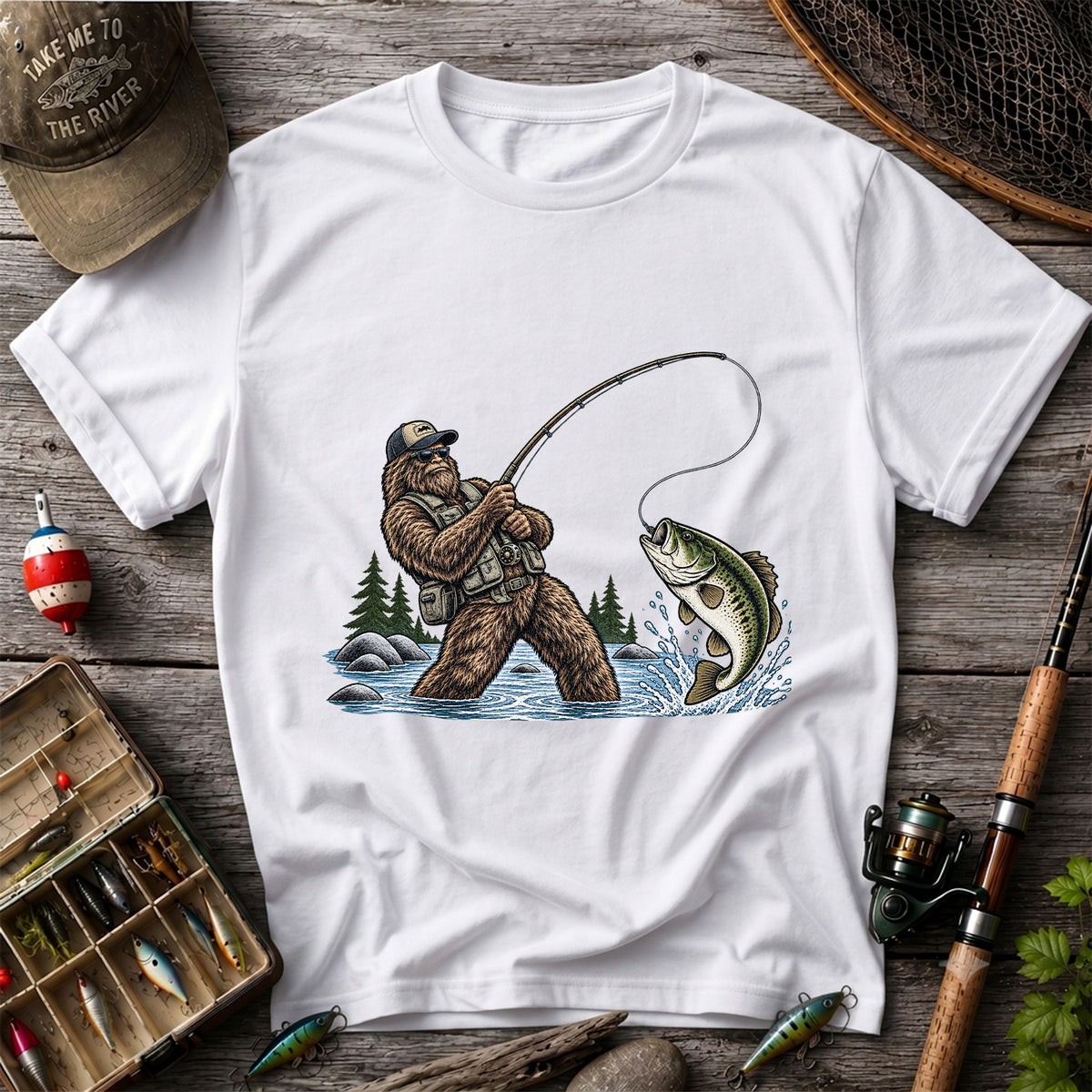 Bear Catching Bass Fishing Graphic T-Shirt