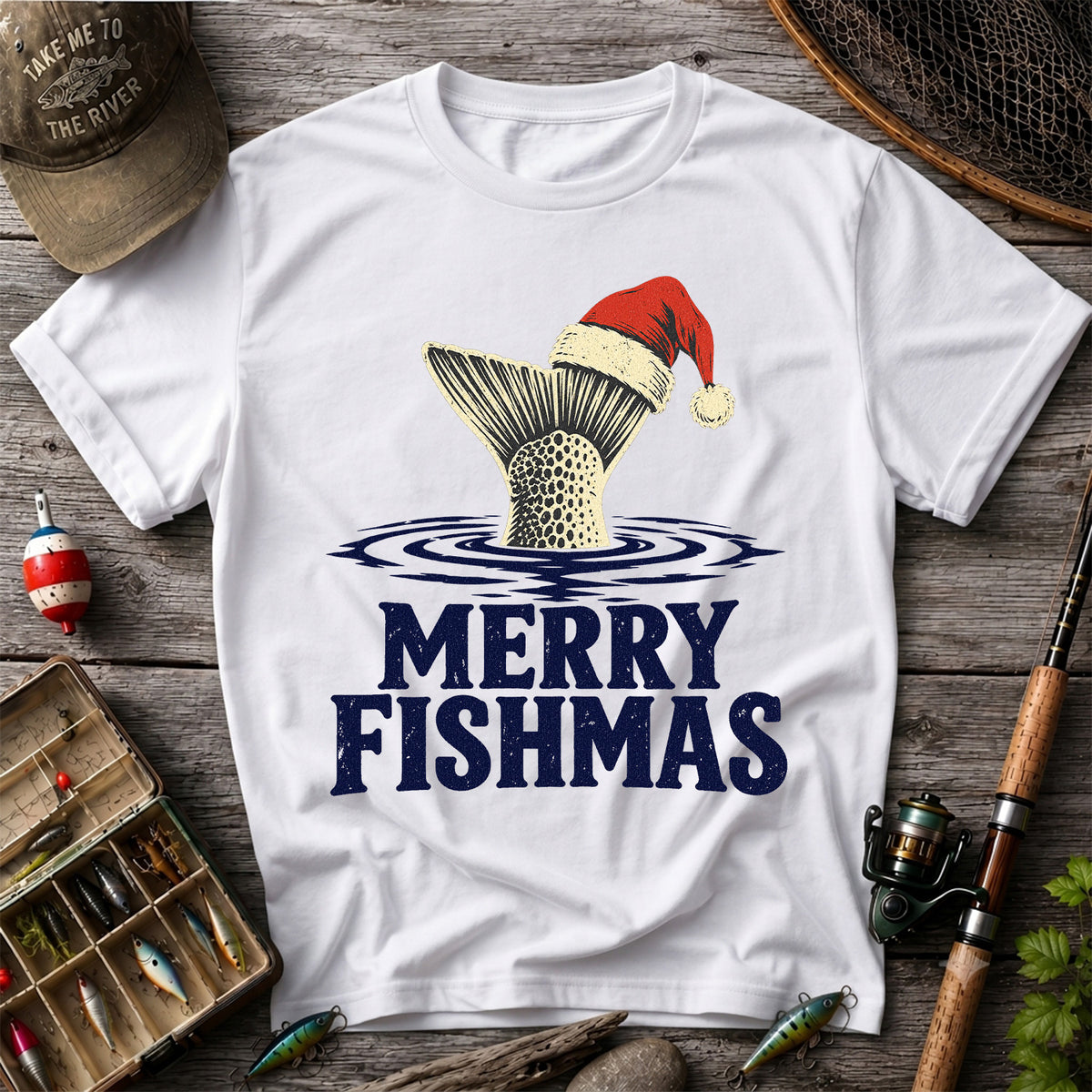 Merry Fishmas Santa Hat Trout Fishing Graphic T-Shirt