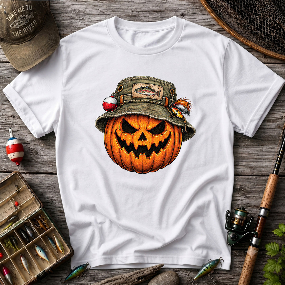 Halloween Pumpkin in a Trout Fishing Hat Graphic T-Shirt