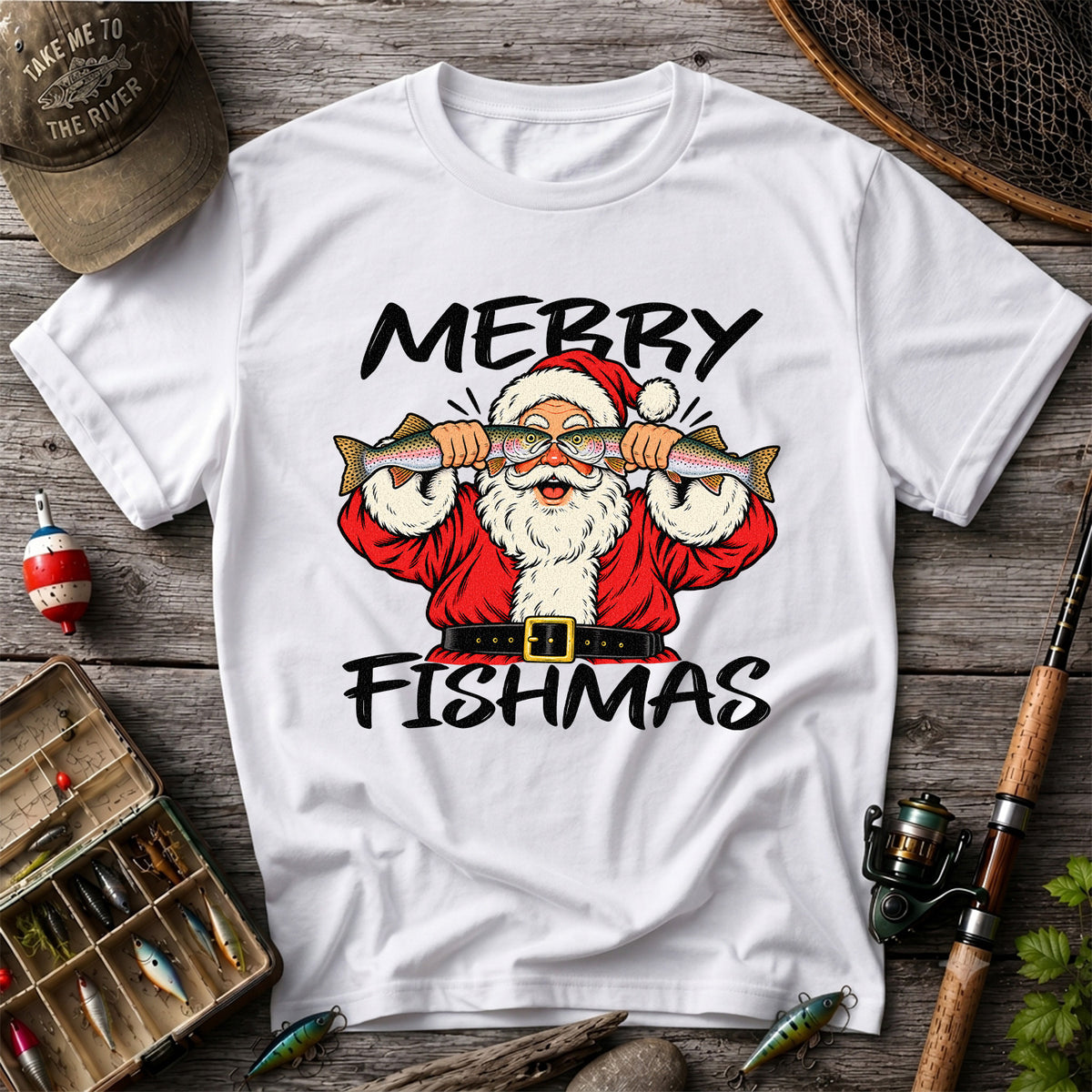 Merry Fishmas Santa Holding Rainbow Trout Christmas Fishing T-Shirt