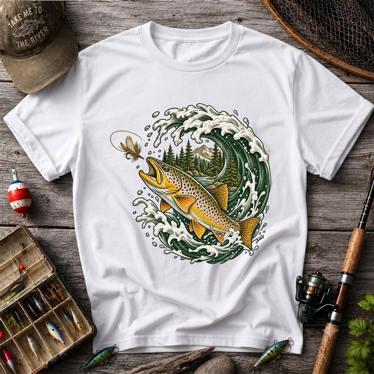 Brown Trout Chasing a Fly Through a Mountain Wave Graphic T-Shirt